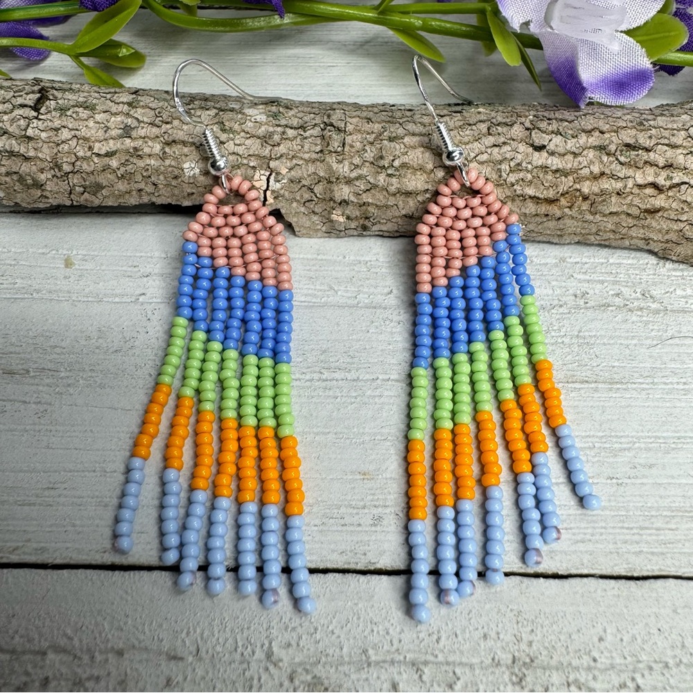 Seed Bead Fringe Tassel Dangle Earrings 2.5” Colorful Beaded Earring Handmade